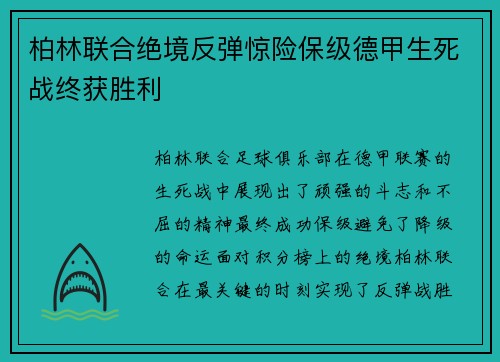 柏林联合绝境反弹惊险保级德甲生死战终获胜利